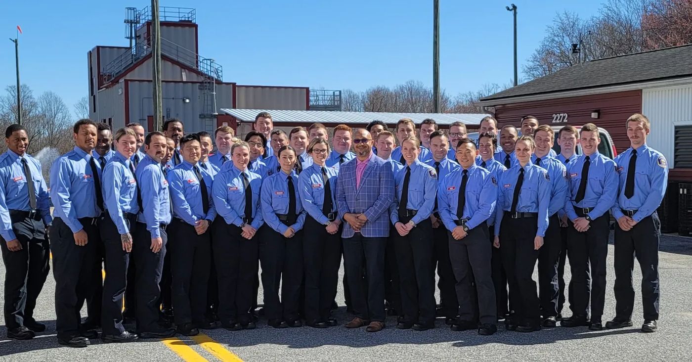 Lt. Joe Morgan with a class of fire recruits
